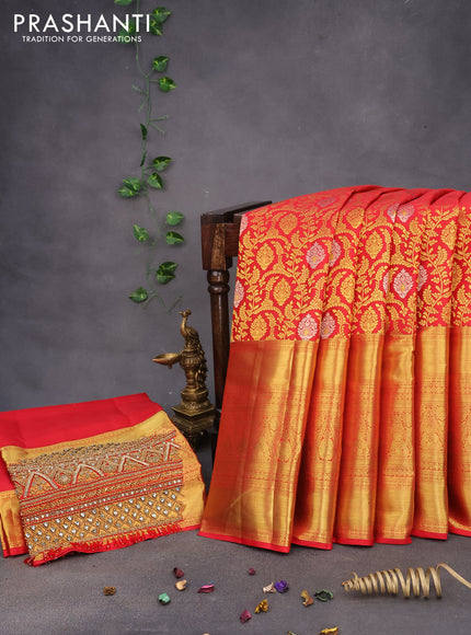 Pure kanchipuram silk saree red with allover zari woven brocade weaves and long zari woven border & aari work blouse