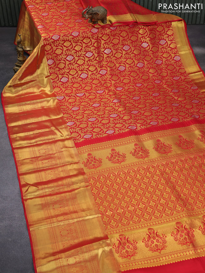 Pure kanchipuram silk saree red with allover zari woven brocade weaves and long zari woven border & aari work blouse