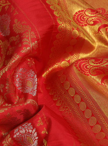 Pure kanchipuram silk saree red with allover zari woven brocade weaves and long zari woven border & aari work blouse