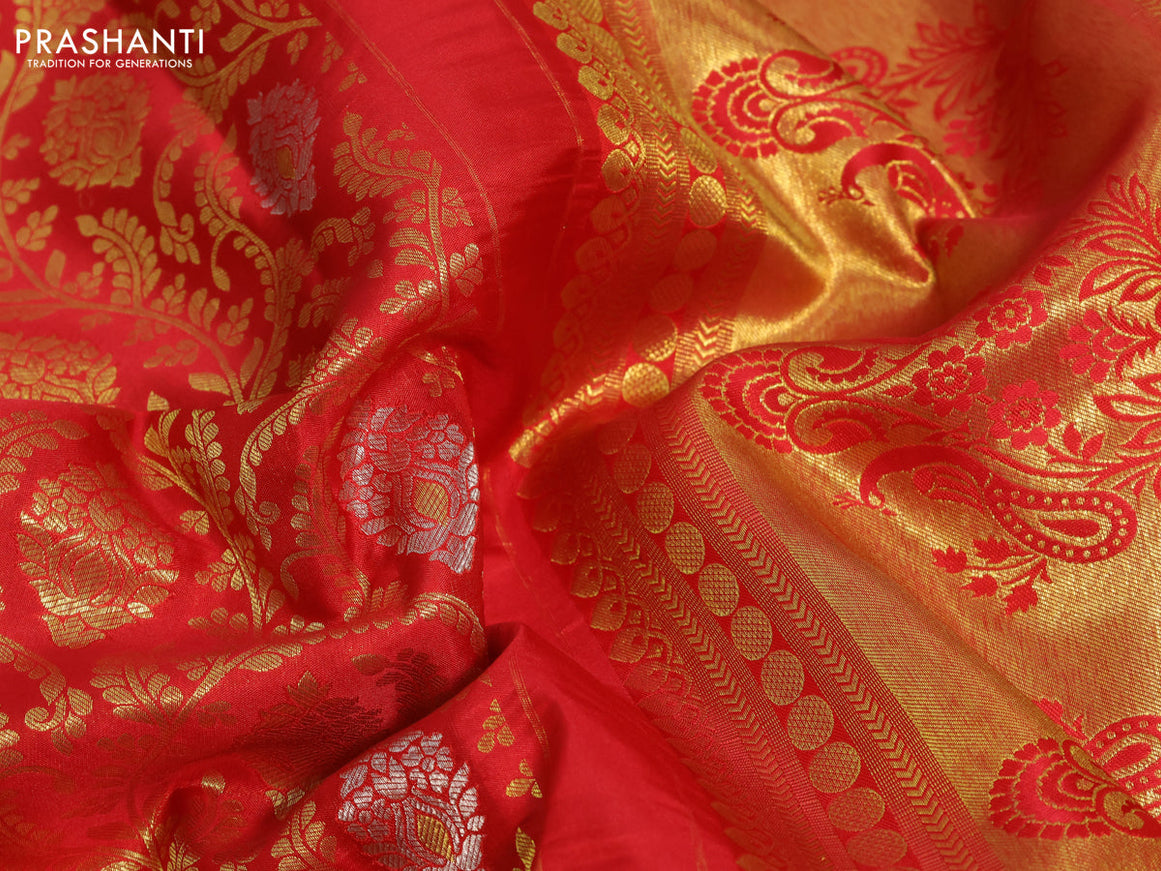 Pure kanchipuram silk saree red with allover zari woven brocade weaves and long zari woven border & aari work blouse