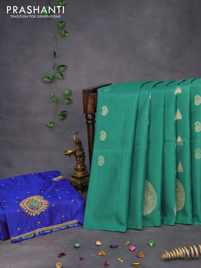 Pure kanchipuram silk saree green and royal blue with paisley & temple zari woven buttas in borderless style & aari work blouse