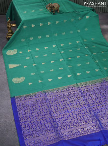 Pure kanchipuram silk saree green and royal blue with paisley & temple zari woven buttas in borderless style & aari work blouse