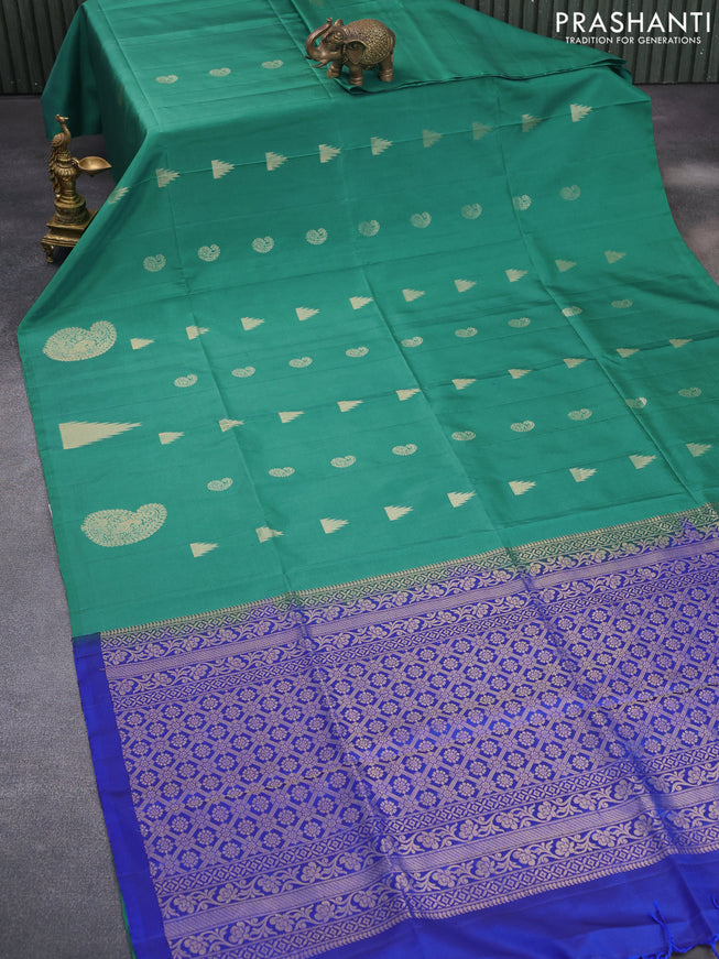 Pure kanchipuram silk saree green and royal blue with paisley & temple zari woven buttas in borderless style & aari work blouse