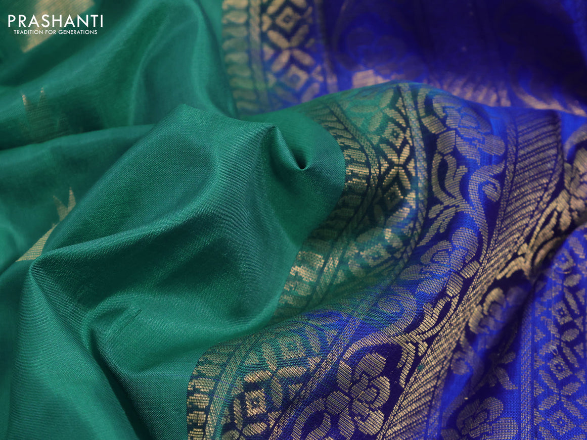 Pure kanchipuram silk saree green and royal blue with paisley & temple zari woven buttas in borderless style & aari work blouse