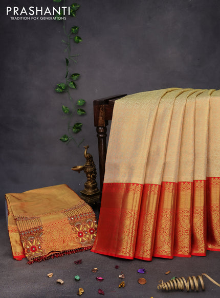 Pure kanchipuram tissue silk saree pista green and red with allover copper zari woven brocade weaves and long zari woven border & aari work blouse