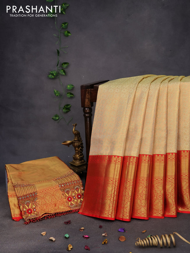 Pure kanchipuram tissue silk saree pista green and red with allover copper zari woven brocade weaves and long zari woven border & aari work blouse