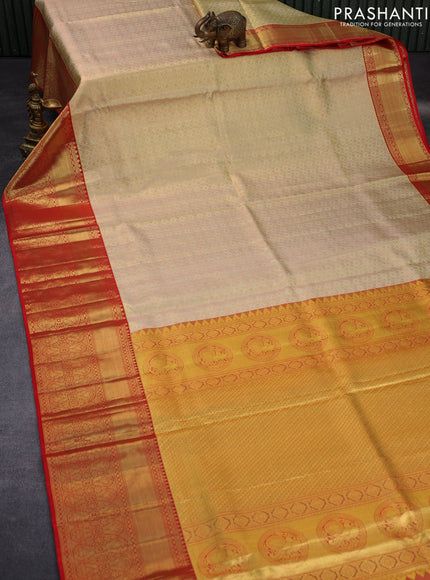 Pure kanchipuram tissue silk saree pista green and red with allover copper zari woven brocade weaves and long zari woven border & aari work blouse