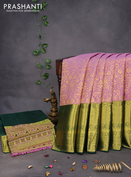 Pure kanchipuram silk saree mild purple and green with allover zari woven brocade weaves and long zari woven border & aari work blouse