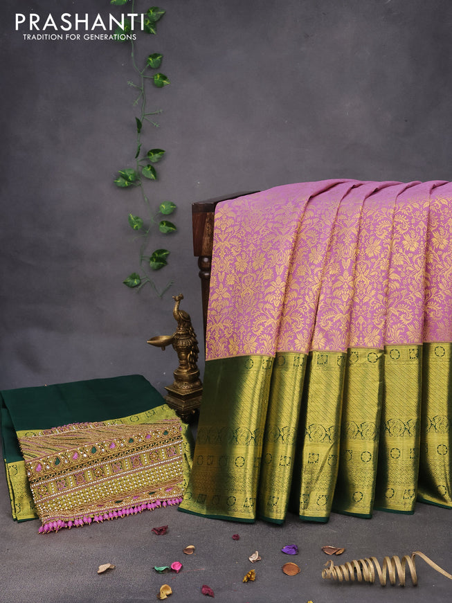 Pure kanchipuram silk saree mild purple and green with allover zari woven brocade weaves and long zari woven border & aari work blouse