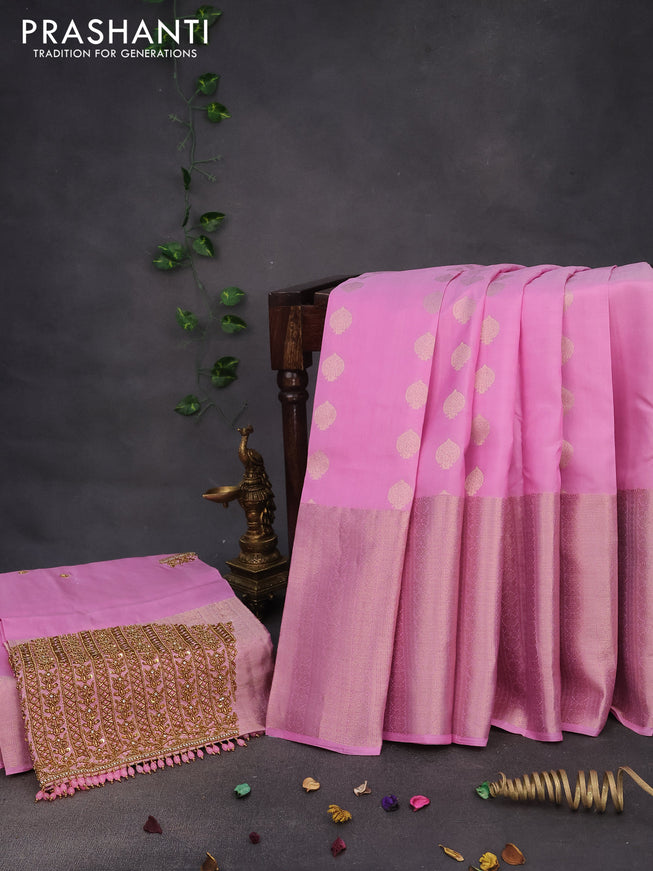 Pure kanchipuram silk saree light pink with zari woven buttas and long zari woven border & aari work blouse