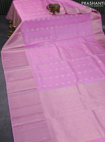 Pure kanchipuram silk saree light pink with zari woven buttas and long zari woven border & aari work blouse