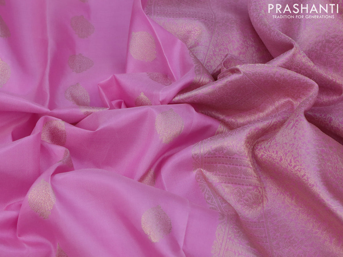 Pure kanchipuram silk saree light pink with zari woven buttas and long zari woven border & aari work blouse