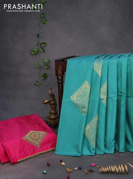 Pure kanchipuram silk saree teal green shade and pink with allover self emboss and zari woven butta border & aari work blouse