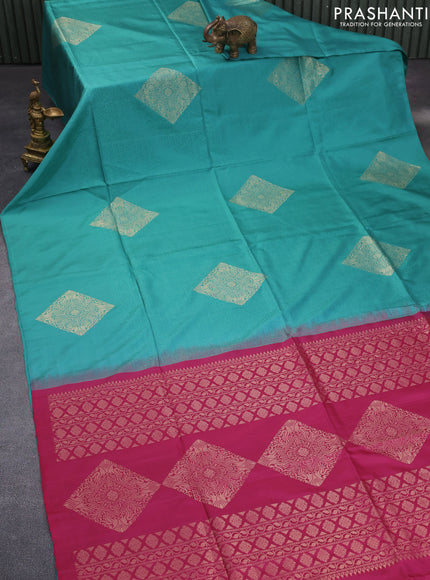 Pure kanchipuram silk saree teal green shade and pink with allover self emboss and zari woven butta border & aari work blouse