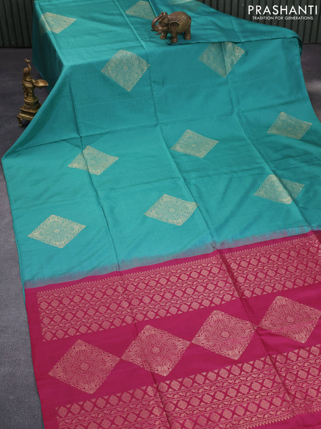 Pure kanchipuram silk saree teal green shade and pink with allover self emboss and zari woven butta border & aari work blouse