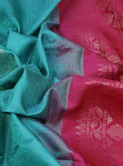 Pure kanchipuram silk saree teal green shade and pink with allover self emboss and zari woven butta border & aari work blouse