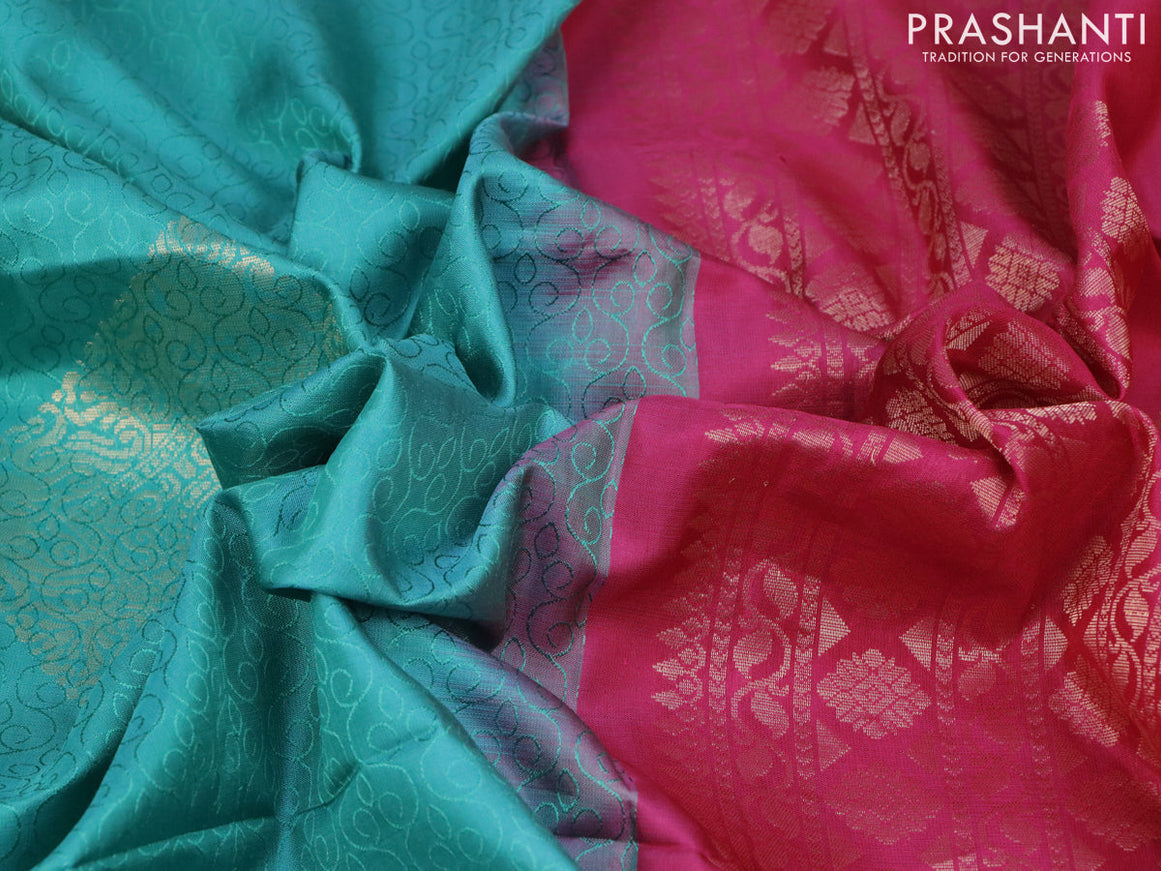 Pure kanchipuram silk saree teal green shade and pink with allover self emboss and zari woven butta border & aari work blouse