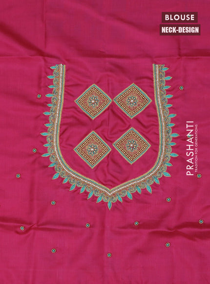 Pure kanchipuram silk saree teal green shade and pink with allover self emboss and zari woven butta border & aari work blouse