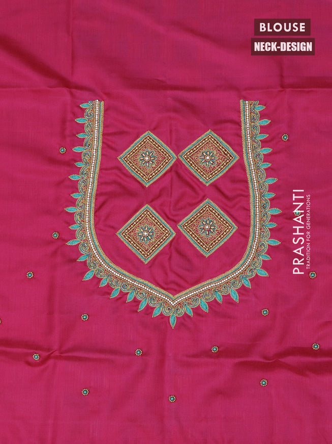 Pure kanchipuram silk saree teal green shade and pink with allover self emboss and zari woven butta border & aari work blouse