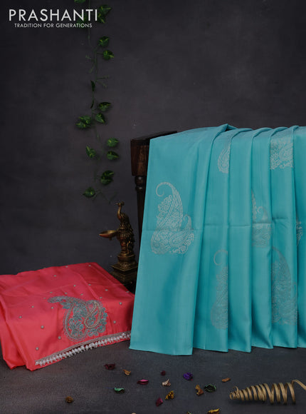 Pure kanchipuram silk saree light blue and candy pink with silver zari woven buttas in borderless style & aari work blouse