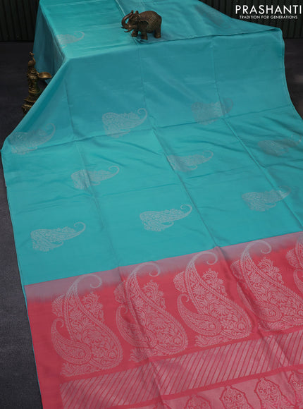 Pure kanchipuram silk saree light blue and candy pink with silver zari woven buttas in borderless style & aari work blouse