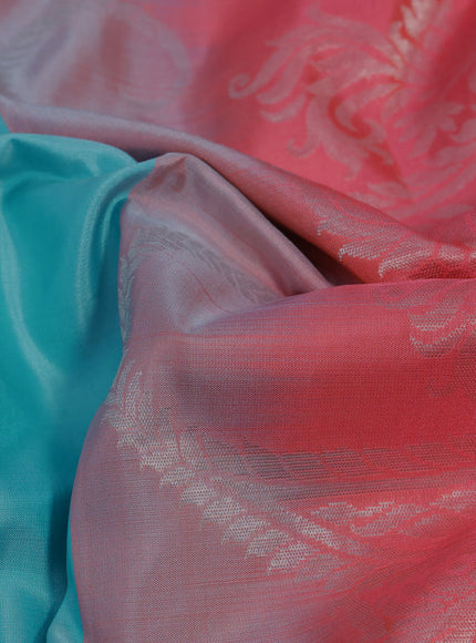 Pure kanchipuram silk saree light blue and candy pink with silver zari woven buttas in borderless style & aari work blouse