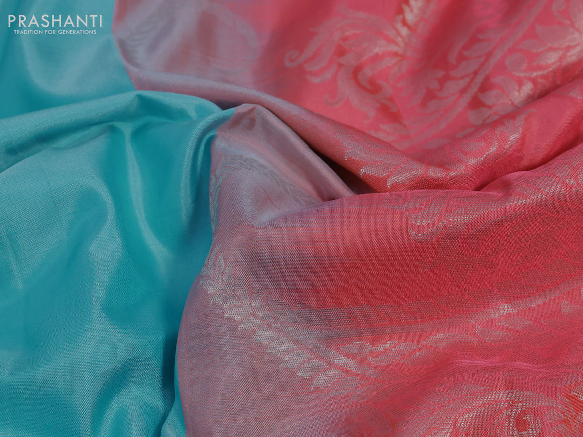 Pure kanchipuram silk saree light blue and candy pink with silver zari woven buttas in borderless style & aari work blouse