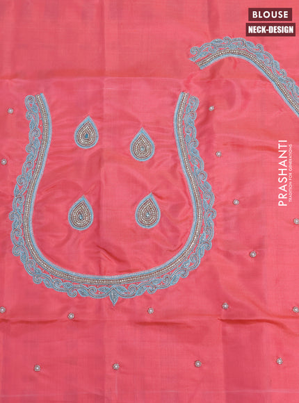 Pure kanchipuram silk saree light blue and candy pink with silver zari woven buttas in borderless style & aari work blouse