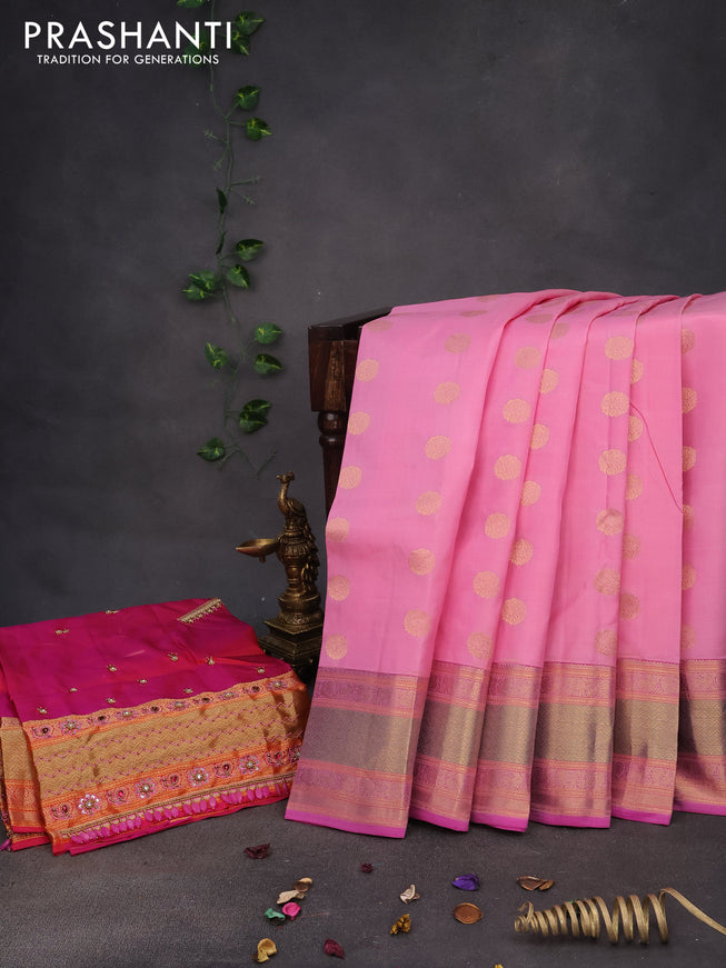 Pure kanchipuram silk saree light pink and pink with zari woven buttas and zari woven border & aari work blouse