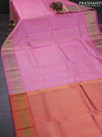 Pure kanchipuram silk saree light pink and pink with zari woven buttas and zari woven border & aari work blouse