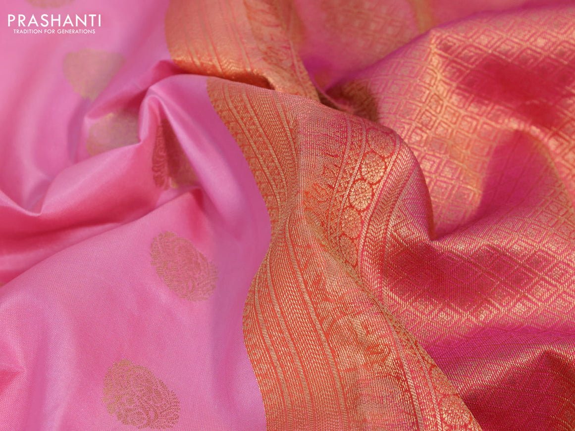 Pure kanchipuram silk saree light pink and pink with zari woven buttas and zari woven border & aari work blouse