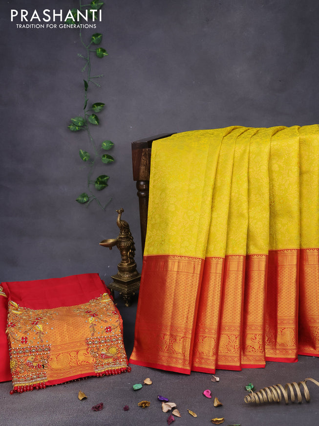 Pure kanchipuram silk saree lime yellow and red with allover zari woven brocade weaves and long zari woven border & aari work blouse