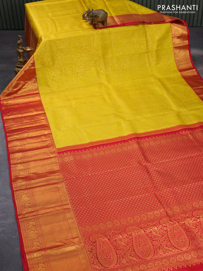 Pure kanchipuram silk saree lime yellow and red with allover zari woven brocade weaves and long zari woven border & aari work blouse