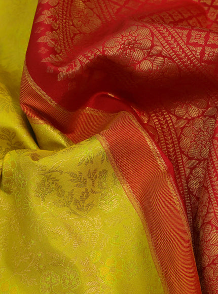 Pure kanchipuram silk saree lime yellow and red with allover zari woven brocade weaves and long zari woven border & aari work blouse