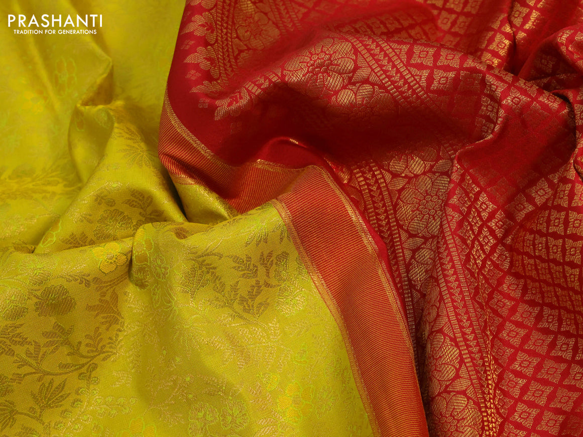 Pure kanchipuram silk saree lime yellow and red with allover zari woven brocade weaves and long zari woven border & aari work blouse