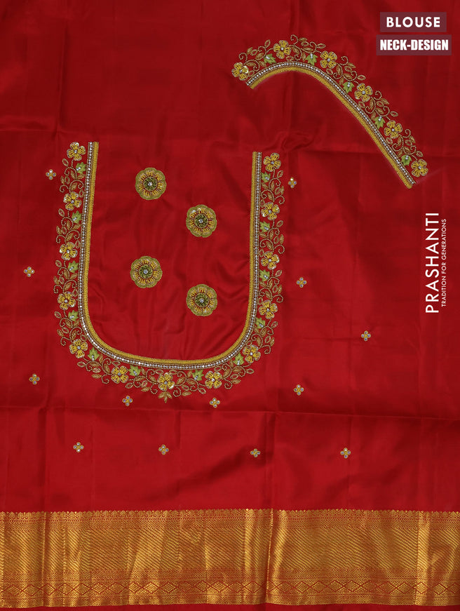 Pure kanchipuram silk saree lime yellow and red with allover zari woven brocade weaves and long zari woven border & aari work blouse