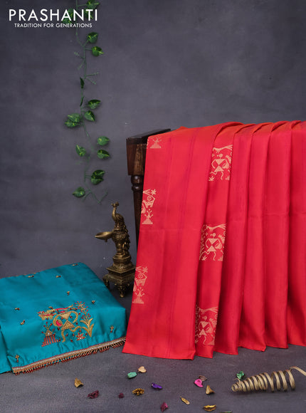 Pure kanchipuram silk saree dual shade of pinkish orange and teal green with zari woven buttas in borderless style & aari work blouse