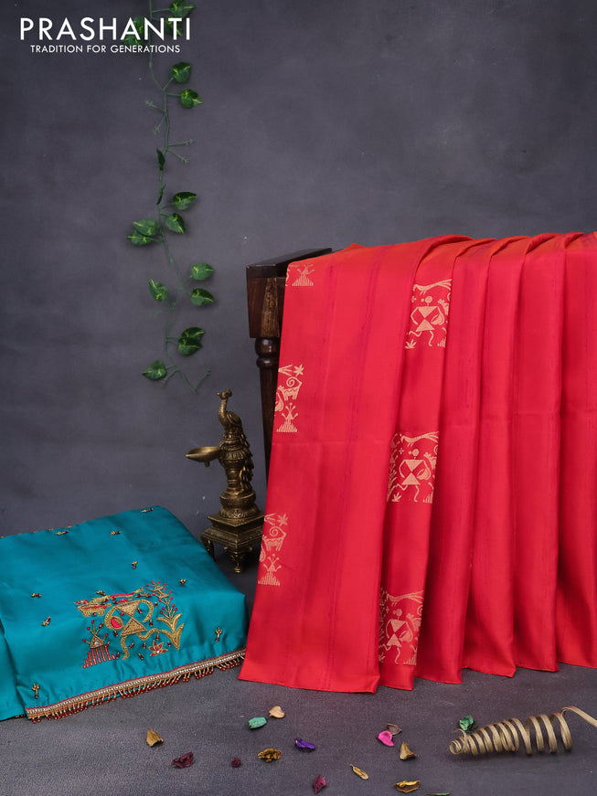 Pure kanchipuram silk saree dual shade of pinkish orange and teal green with zari woven buttas in borderless style & aari work blouse