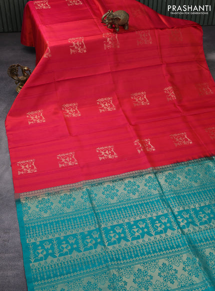 Pure kanchipuram silk saree dual shade of pinkish orange and teal green with zari woven buttas in borderless style & aari work blouse