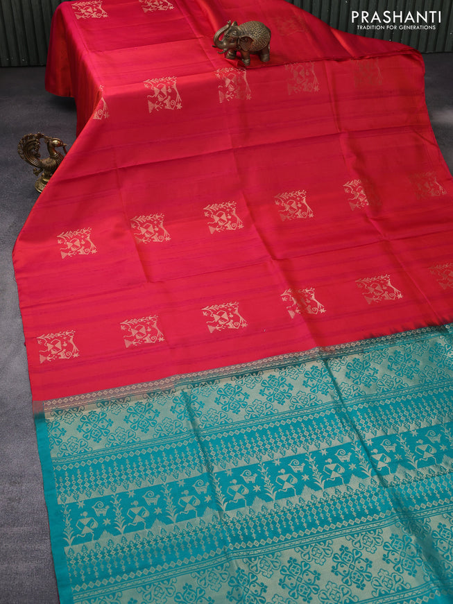 Pure kanchipuram silk saree dual shade of pinkish orange and teal green with zari woven buttas in borderless style & aari work blouse