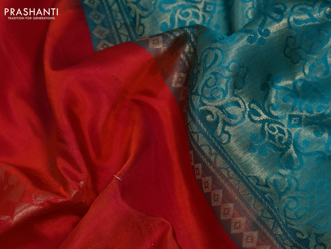 Pure kanchipuram silk saree dual shade of pinkish orange and teal green with zari woven buttas in borderless style & aari work blouse