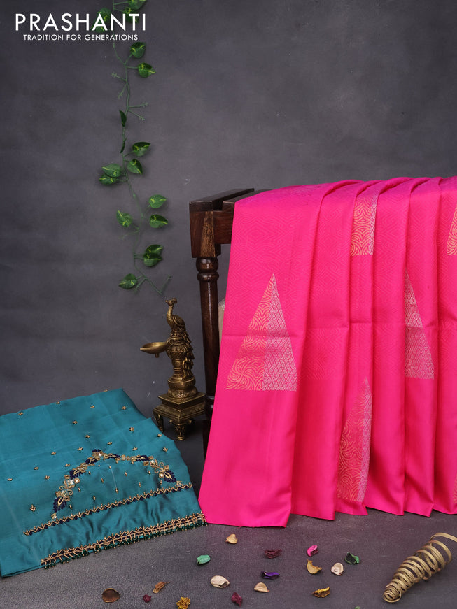 Pure kanchipuram silk saree pink shade and peacock green with zari woven buttas in borderless style & aari work blouse