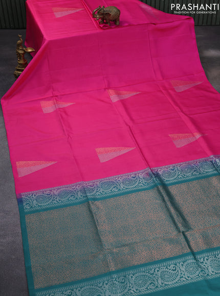 Pure kanchipuram silk saree pink shade and peacock green with zari woven buttas in borderless style & aari work blouse