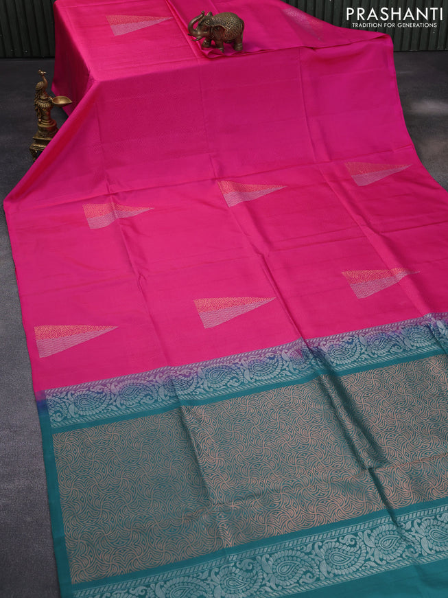 Pure kanchipuram silk saree pink shade and peacock green with zari woven buttas in borderless style & aari work blouse