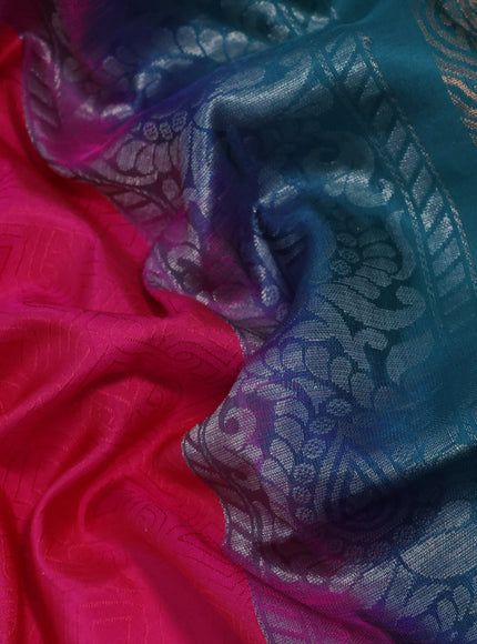 Pure kanchipuram silk saree pink shade and peacock green with zari woven buttas in borderless style & aari work blouse