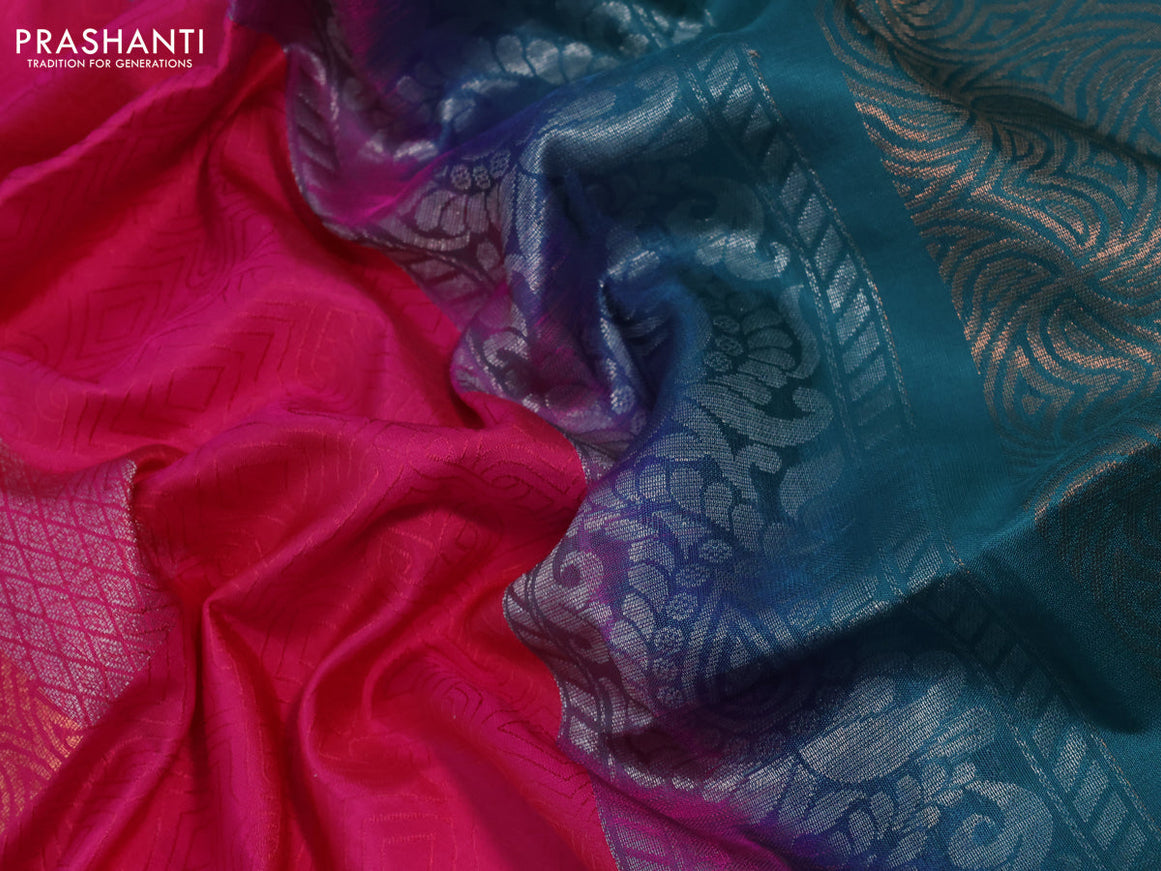 Pure kanchipuram silk saree pink shade and peacock green with zari woven buttas in borderless style & aari work blouse