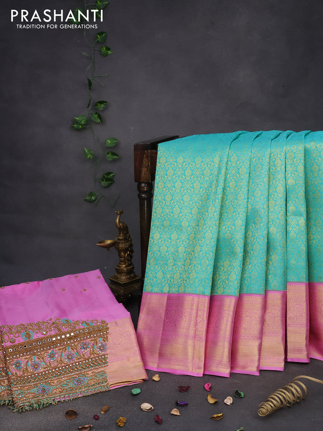 Pure kanchipuram silk saree teal blue shade and light pink with allover zari woven brocade weaves and zari woven border & aari work blouse