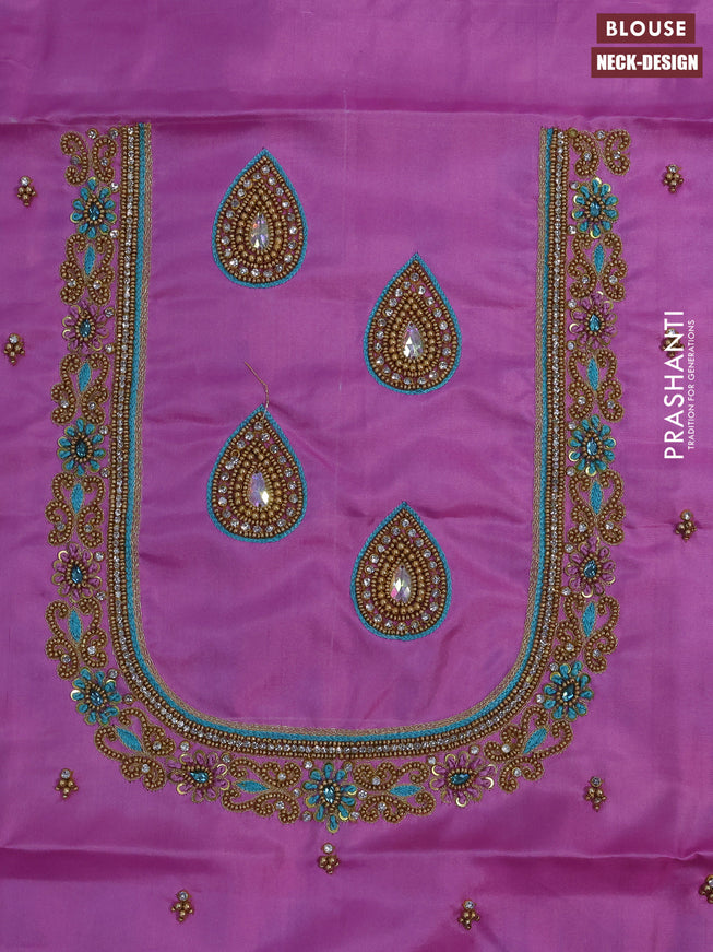 Pure kanchipuram silk saree teal blue shade and light pink with allover zari woven brocade weaves and zari woven border & aari work blouse