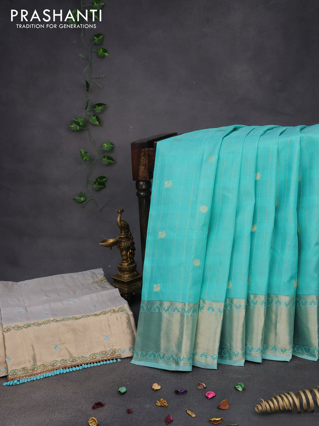 Pure kanchipuram silk saree teal blue shade and pastel grey with allover zari checks & annam buttas and zari woven border & aari work blouse