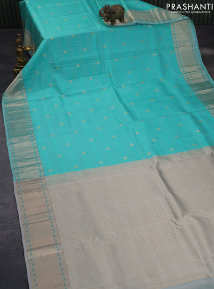 Pure kanchipuram silk saree teal blue shade and pastel grey with allover zari checks & annam buttas and zari woven border & aari work blouse